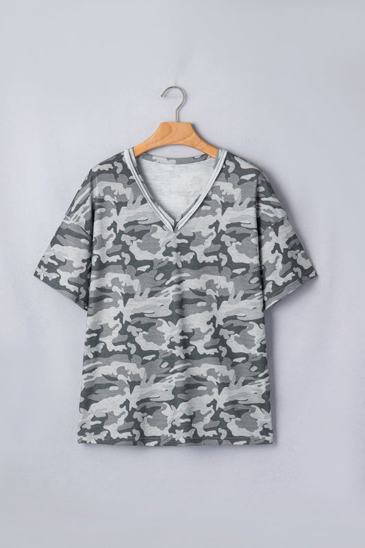 Green Retro Camouflage Print Raw Edge V Neck Tee - Loving It Shop