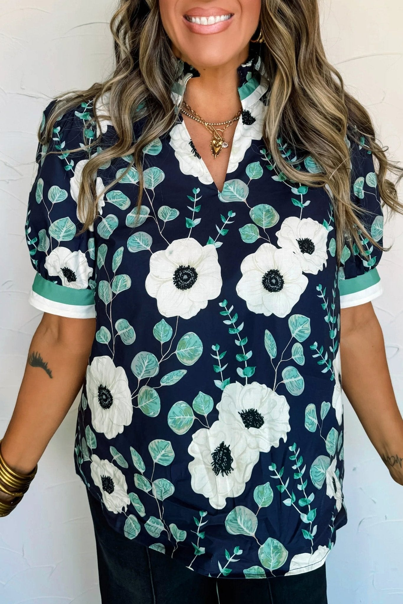 Blue Floral Print Striped Patchwork V Neck Short Sleeve Blouse - Loving It Shop