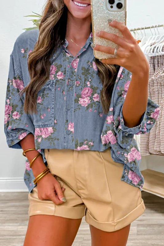 Blue Bracelet Sleeve Floral Denim Shirt - Loving It Shop