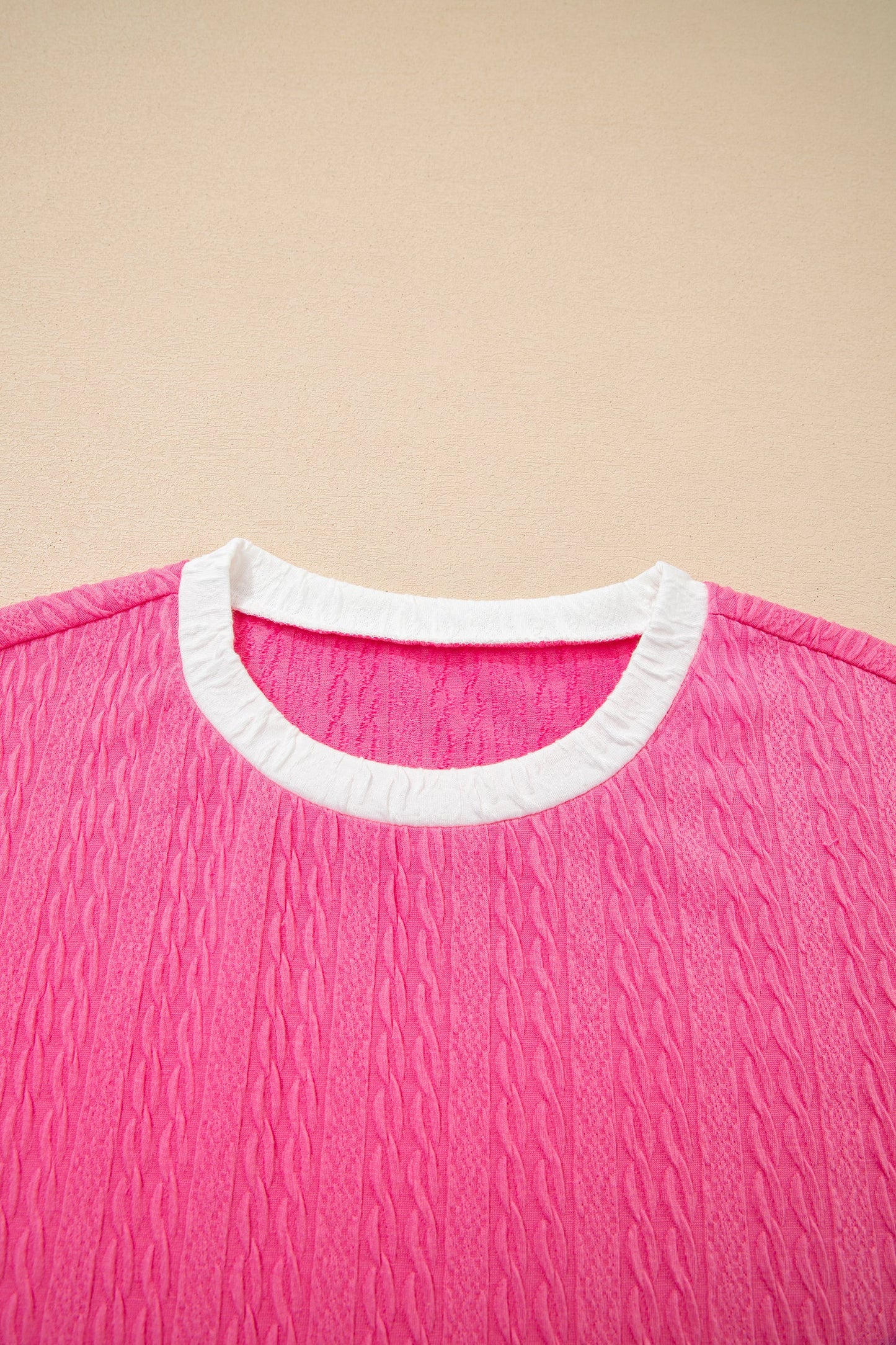 Bright Pink Textured Color Block Trim Loose Tee Drawstring Shorts 2pcs Set