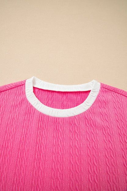 Bright Pink Textured Color Block Trim Loose Tee Drawstring Shorts 2pcs Set