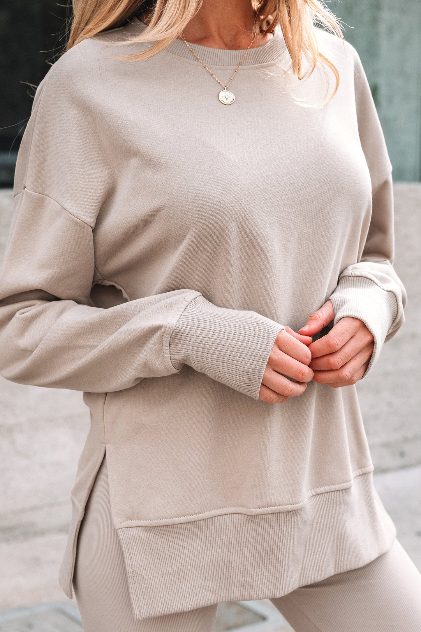 Jet Stream Solid Color Oversize Slit Sweatshirt Ribbed Leggings 2pcs Set