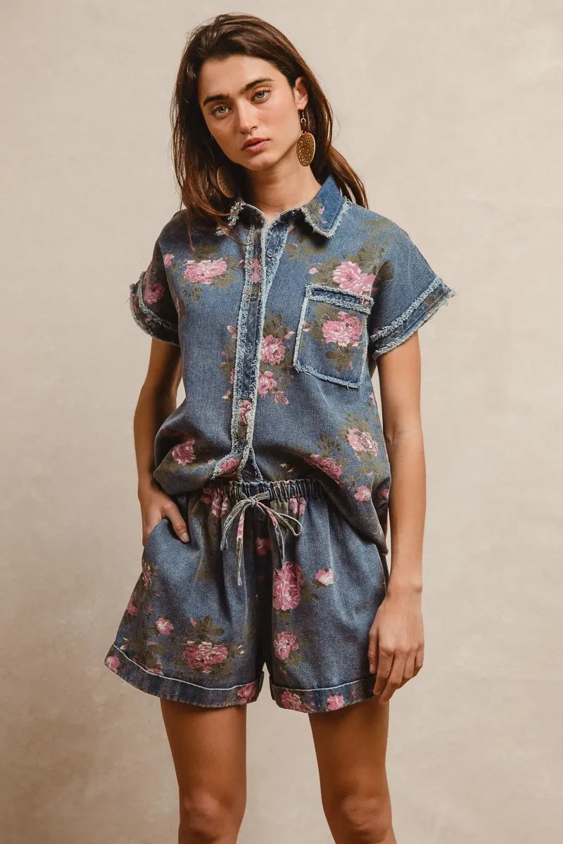 Floral Printed Denim Short Pants With Pocket
