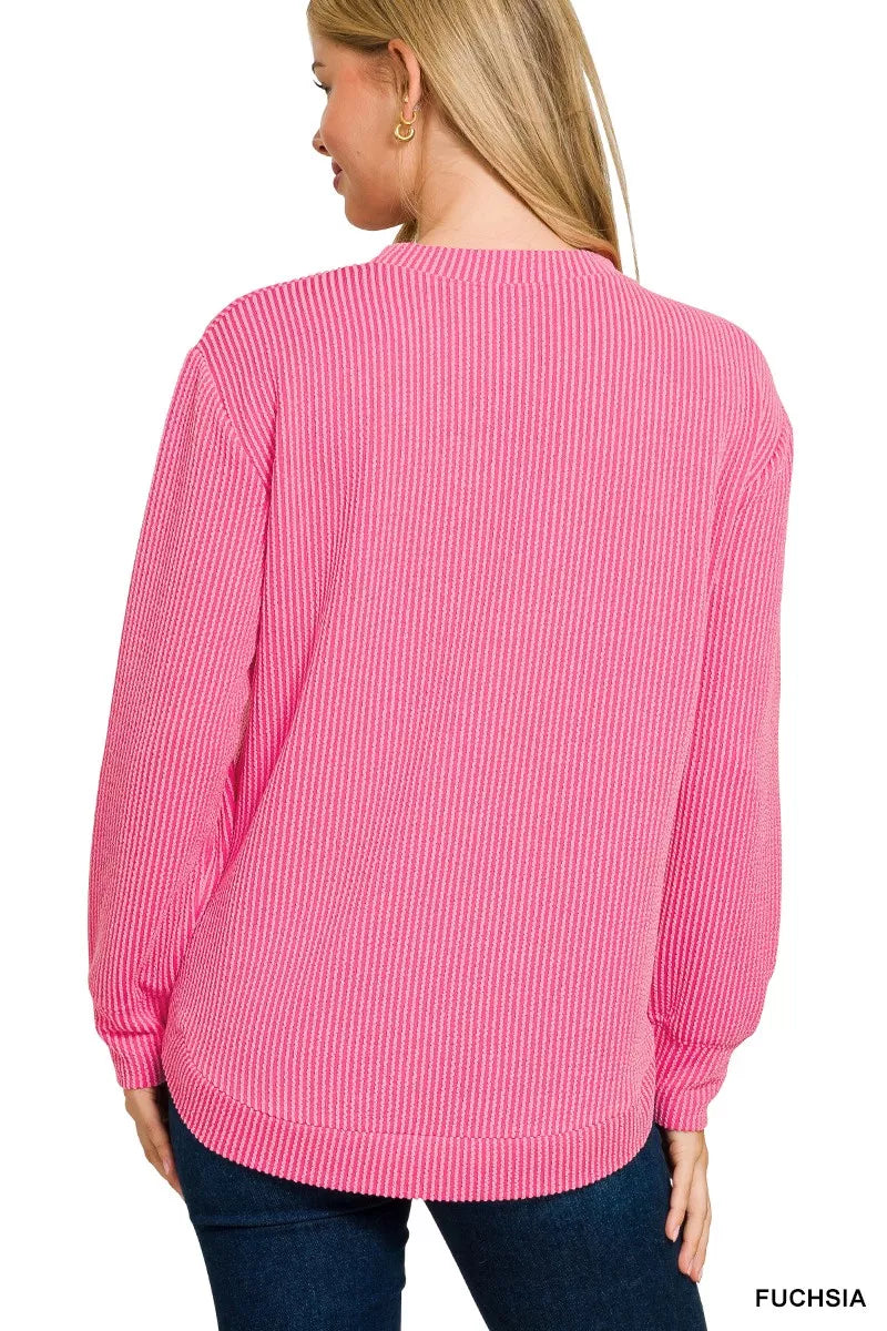 Full Size Raised Rib Round Neck Long Sleeve Top Plus Size