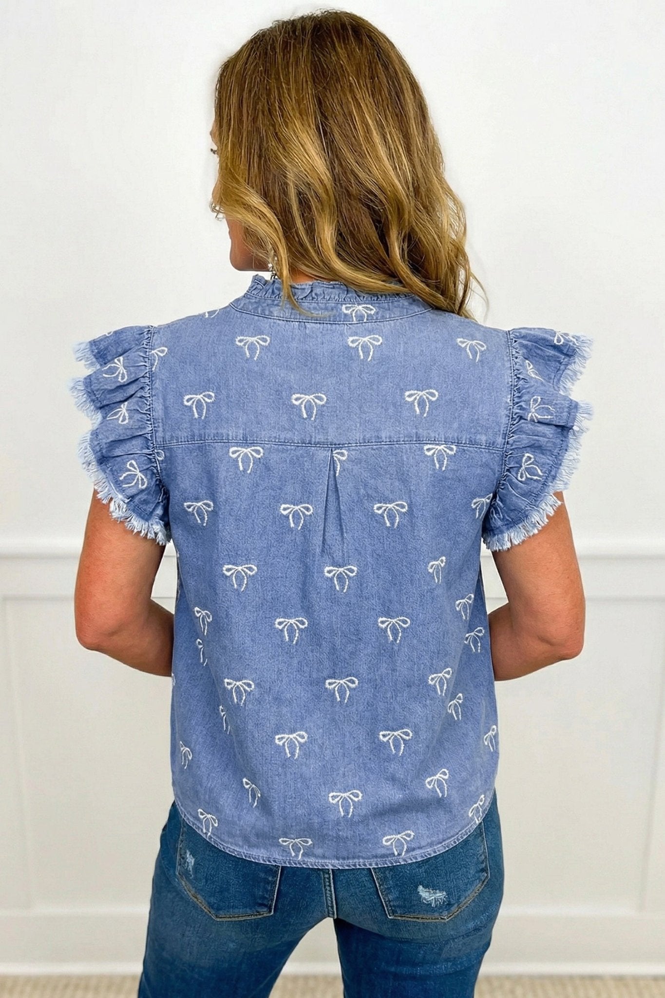 Blue Frilled Collar Flutter Sleeve Denim Top - Loving It Shop