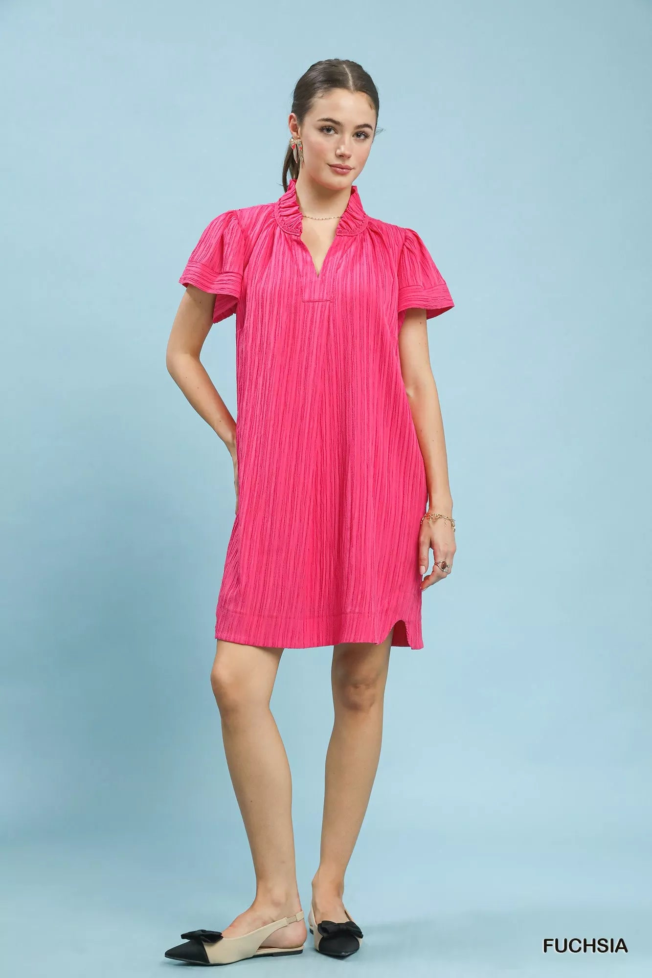 Flutter Sleeve V-Neck Shift Dress