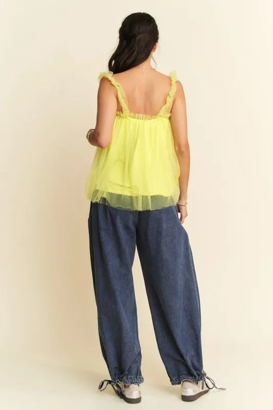 Davi &amp; Dani Shirred Ruffle Strap Tulle Babydoll Top