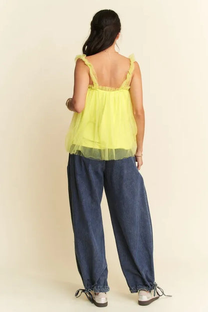 Davi &amp; Dani Shirred Ruffle Strap Tulle Babydoll Top
