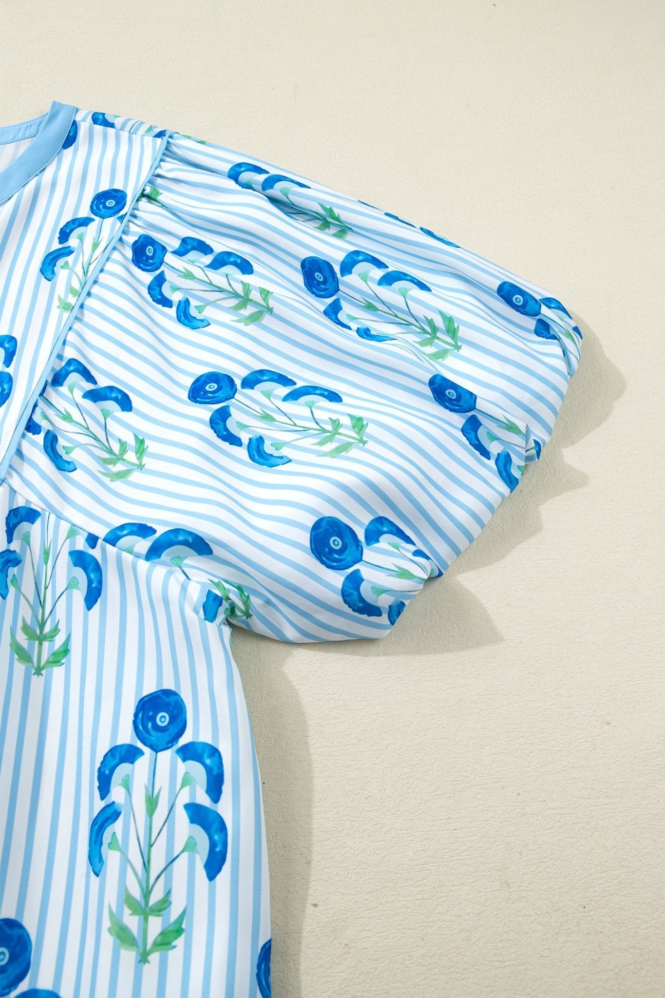 Sky Blue Floral Striped Bubble Short Sleeve Plus Size Dress - Loving It Shop