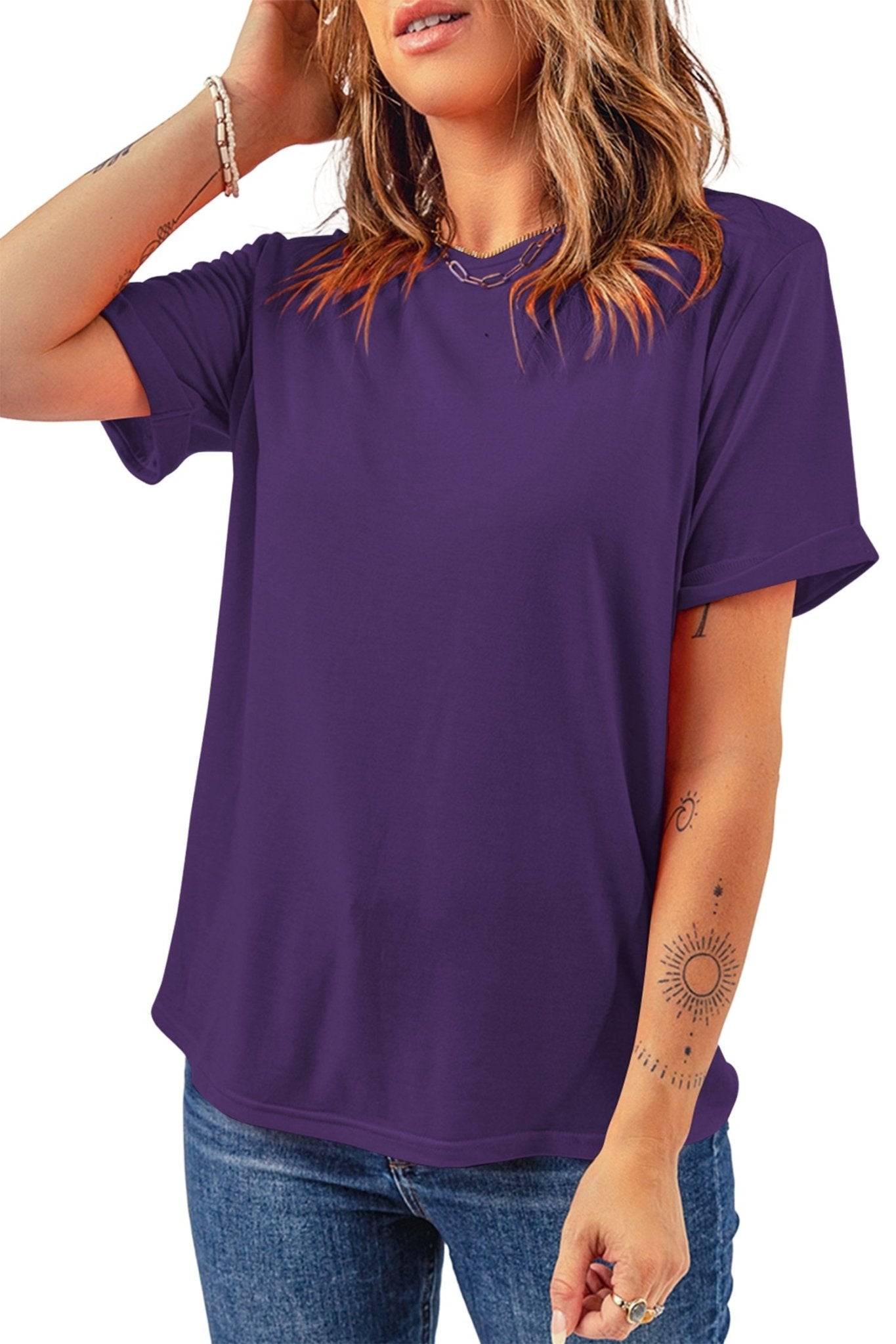Tillandsia Purple Casual Plain Crew Neck Tee - Loving It Shop