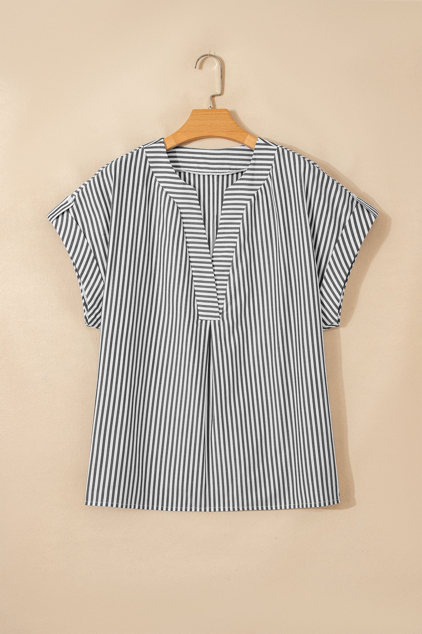Black Stripe Plus Size V Neck Roll-tab Short Dolman Sleeve Blouse