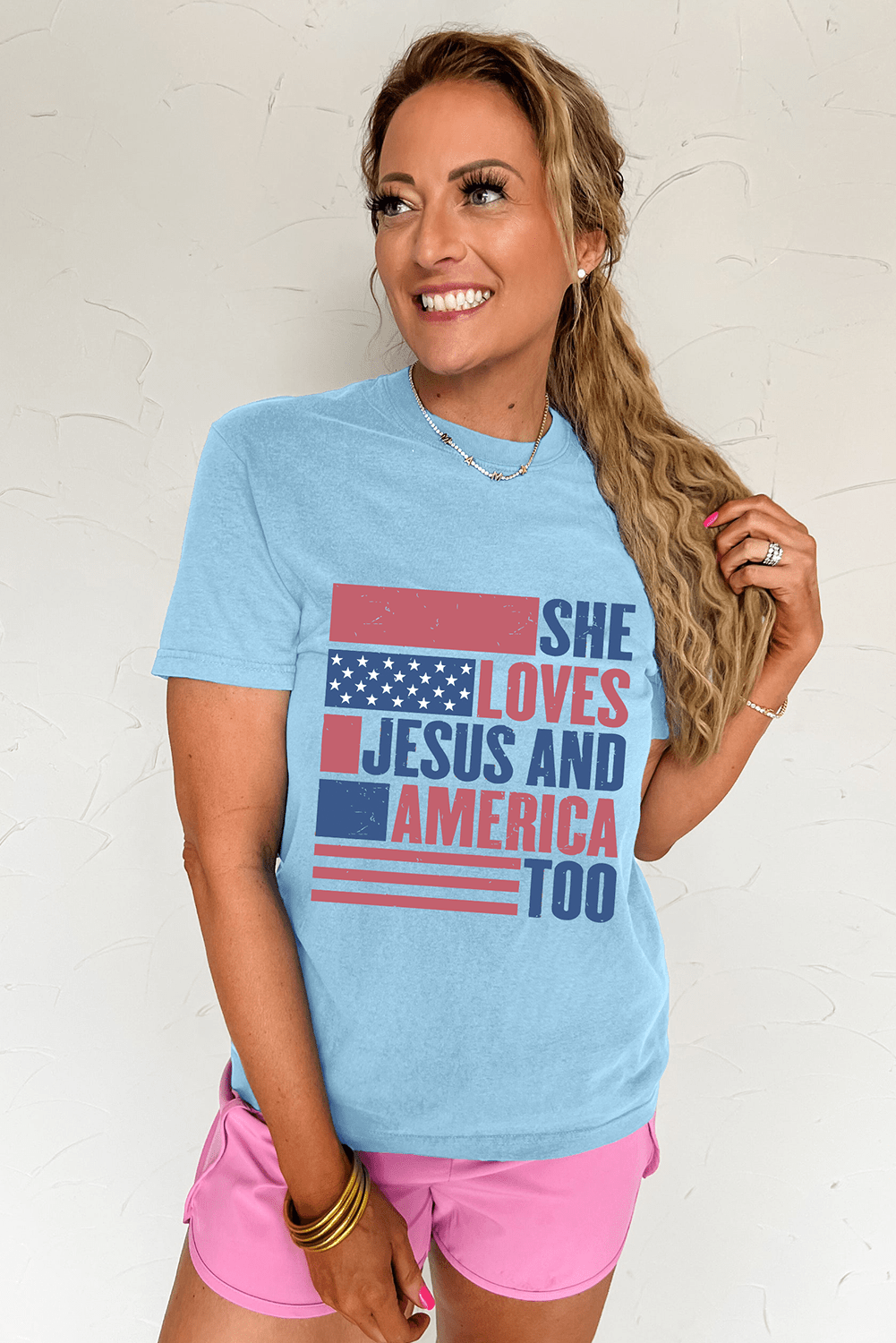 Light Blue SHE LOVES JESUS AND AMERICA TOO Flag Graphic T Shirt - Loving It Shop