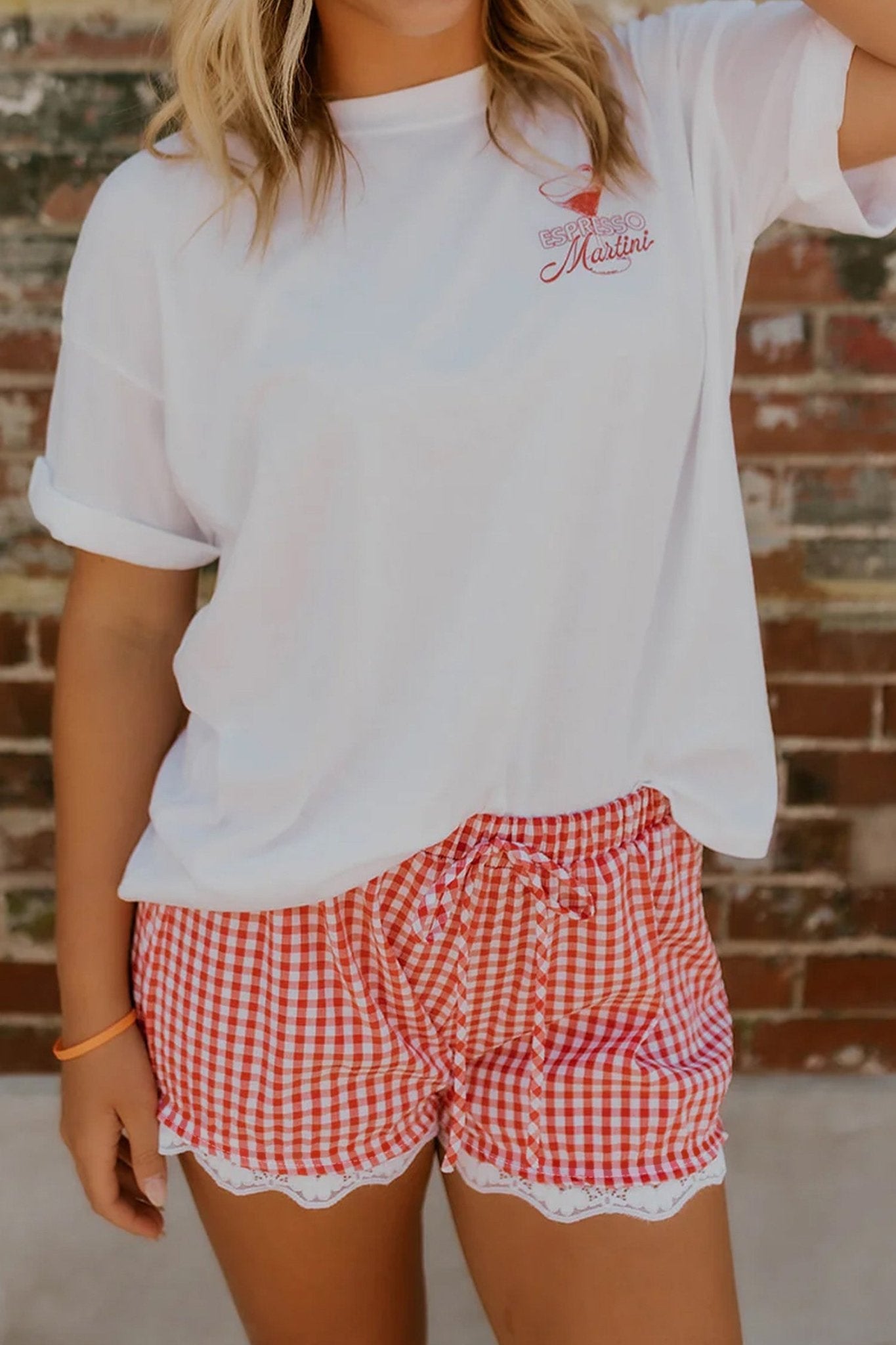 Red Gingham Plaid Tie Elastic Waist Lace Patchwork Hem Casual Shorts - Loving It Shop