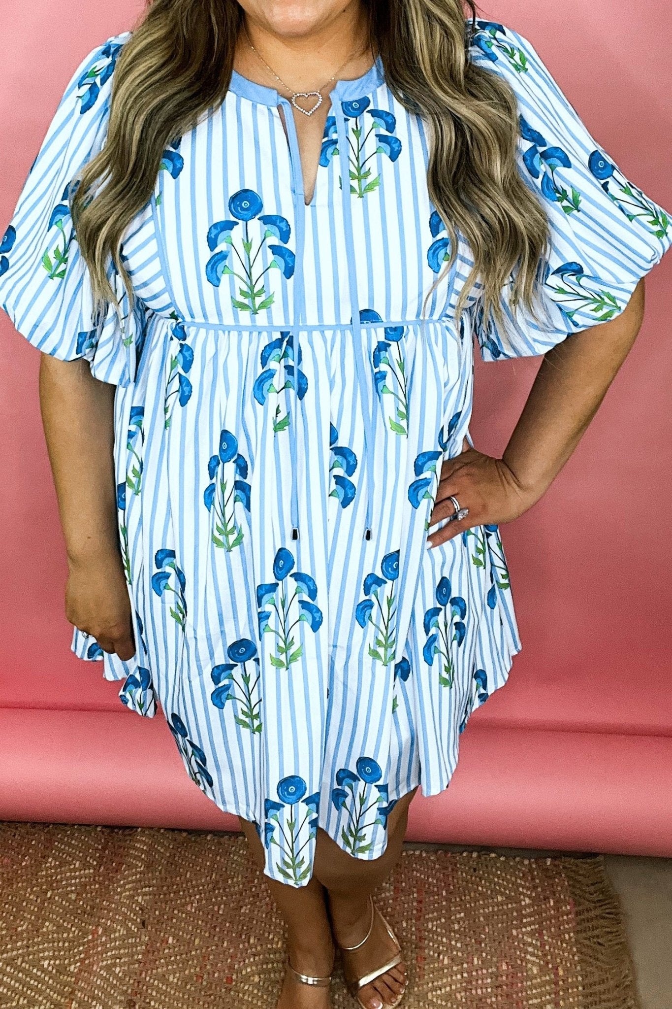 Sky Blue Floral Striped Bubble Short Sleeve Plus Size Dress - Loving It Shop