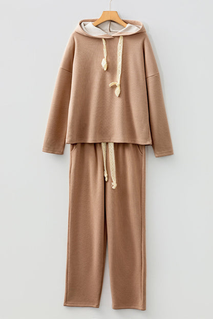 Casual Lace Drawstring Pullover Hoodie and High Waist Pants Corduroy Suit