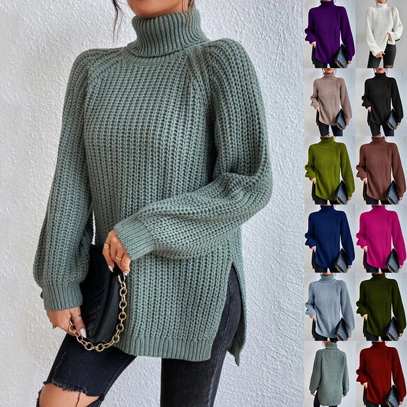 Turtleneck Pullover Sweater With Split Design Fashion Simple Solid Color Long Sleeve Tops Women&