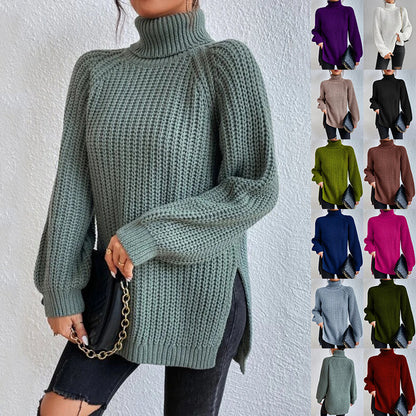 Turtleneck Pullover Sweater With Split Design Fashion Simple Solid Color Long Sleeve Tops Women&