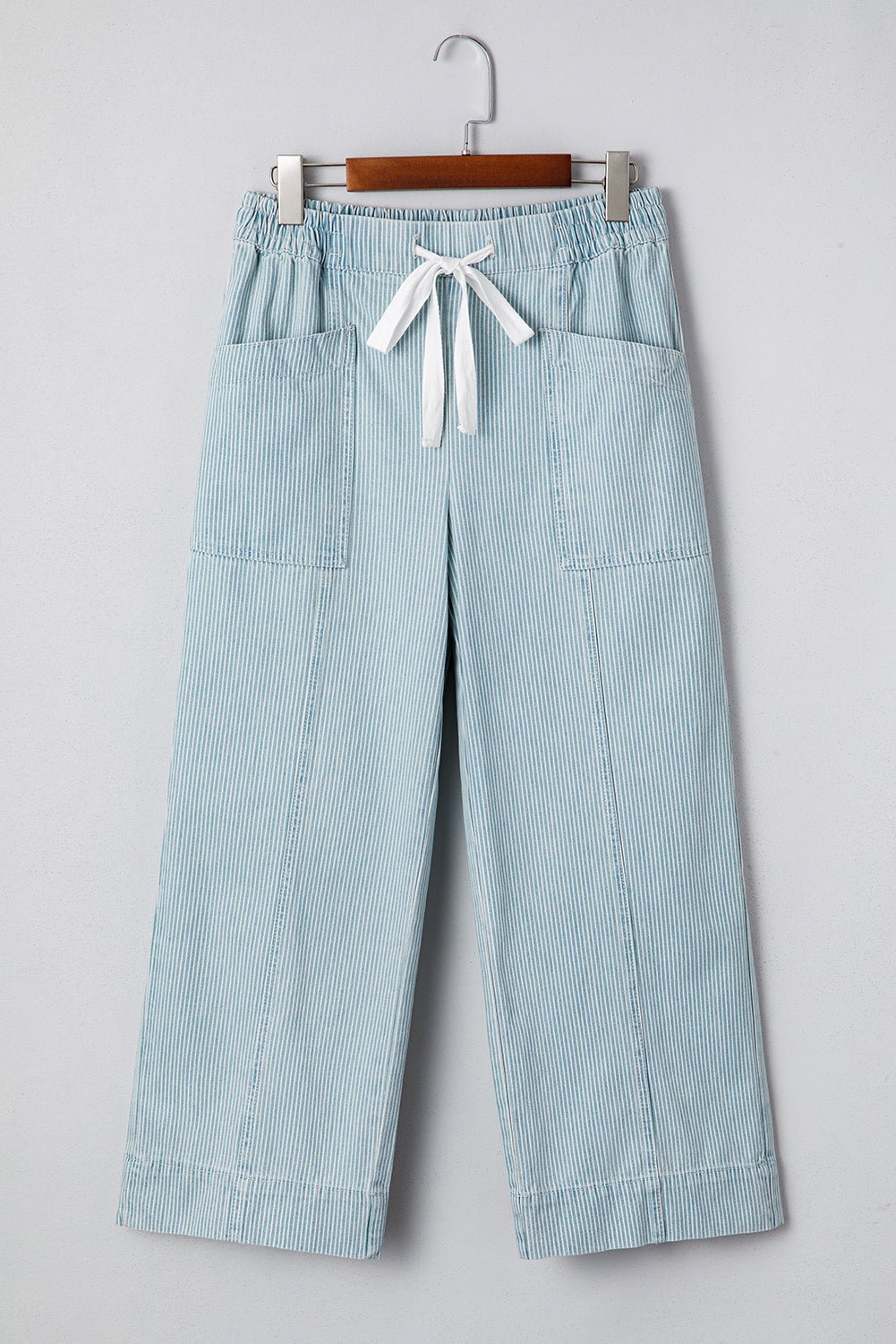 Sky Blue Stripe Mid Rise Drawstring Waist Jeans - Loving It Shop