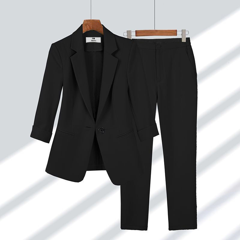2pcs Casual Blazer Set Solid Color Lapel Single-breasted Jacket And Zipper Straight Pants Women&