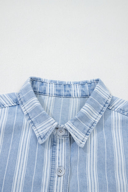 Sky Blue Stripe Boyfriend Chest Pocket Classic Denim Shacket