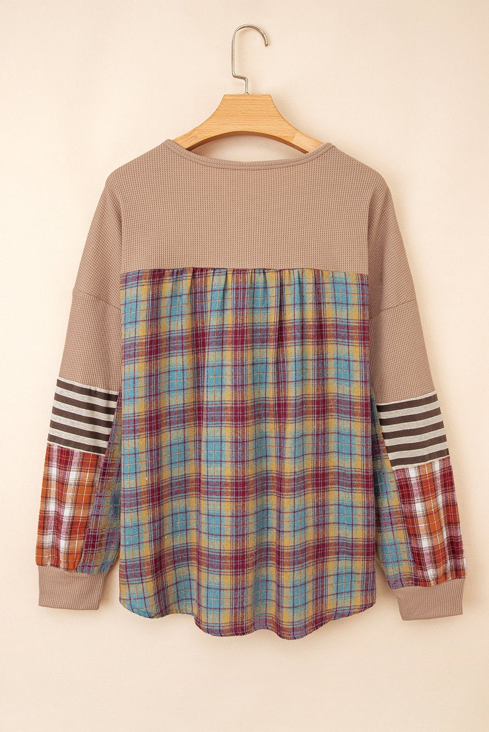 Straw Yellow Waffle Stripe Plaid Patchwork Henley Knit Top - Loving It Shop