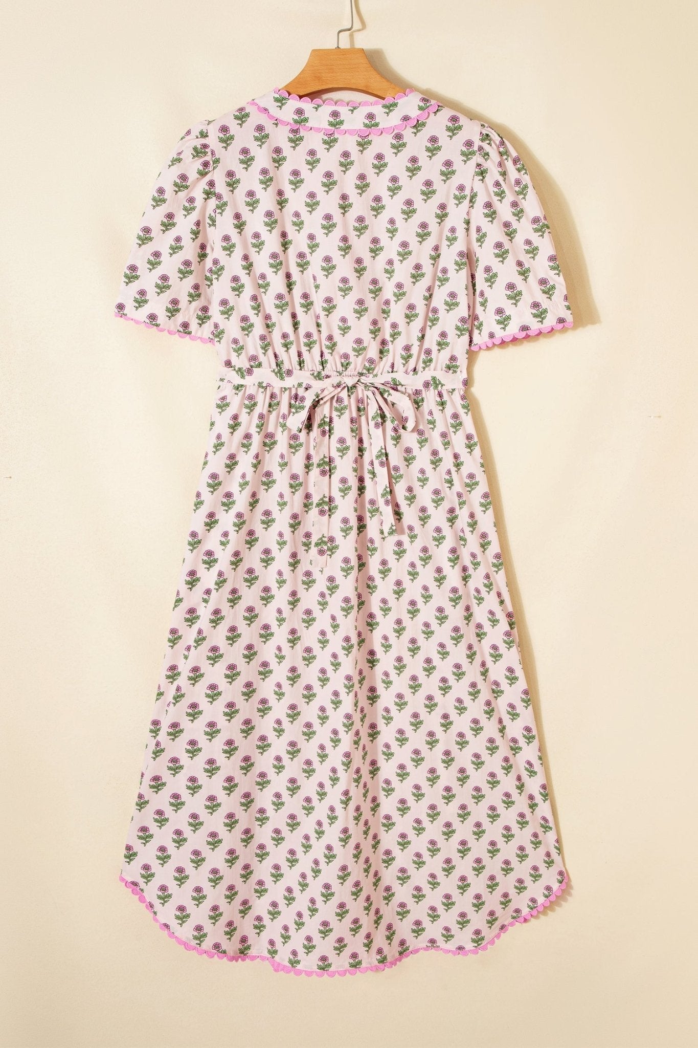 Pink Floral Print V Neck Scallop Trim Button Front Short Sleeve Long Dress - Loving It Shop