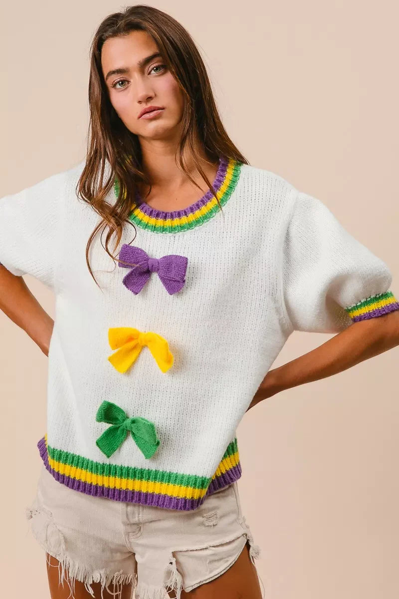 Short Puff Sleeve Ribbon Bow Mardi Gras Sweater