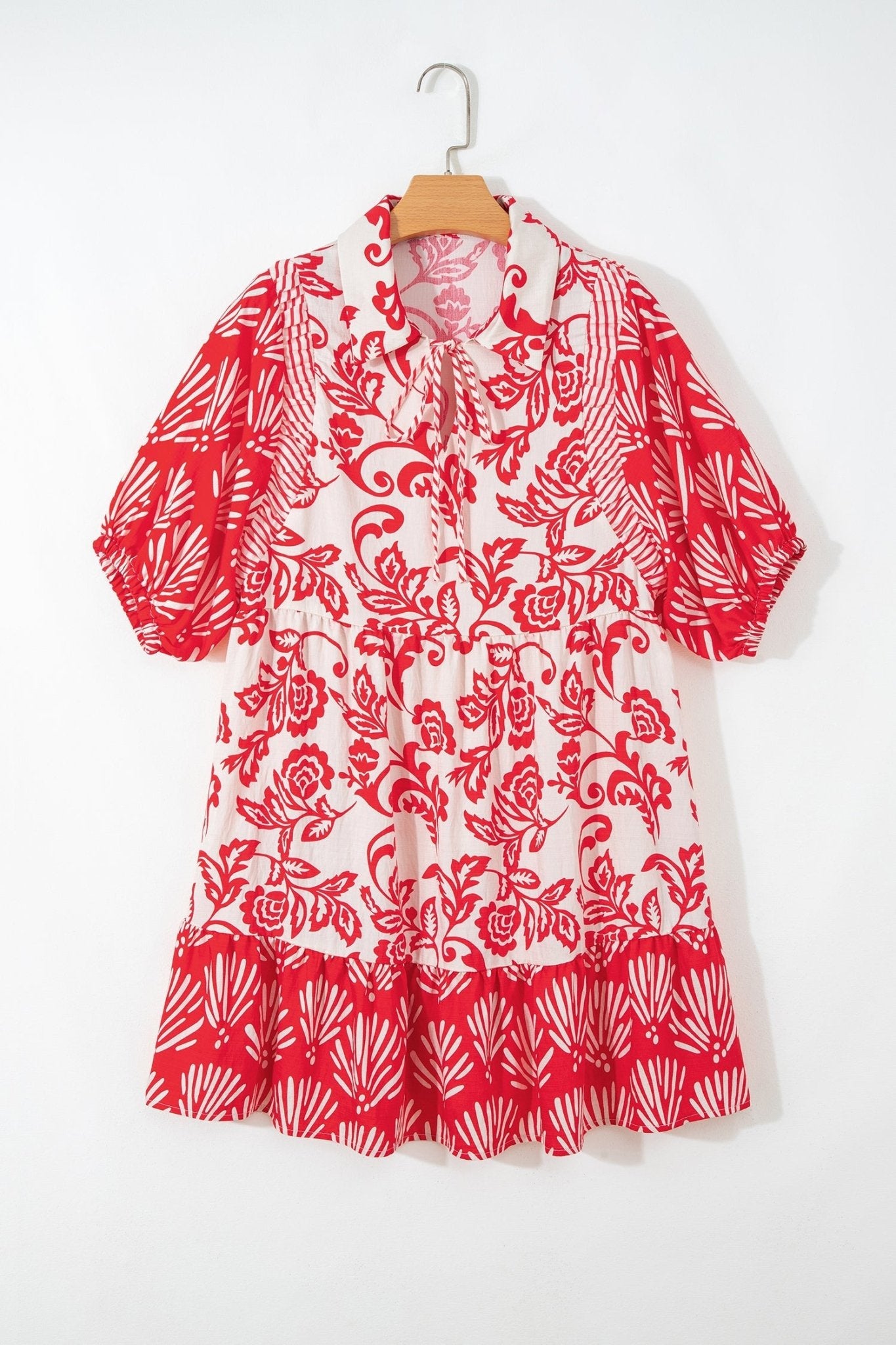 Red Collared V Neck Half Sleeve Loose Flower Mini Dress - Loving It Shop