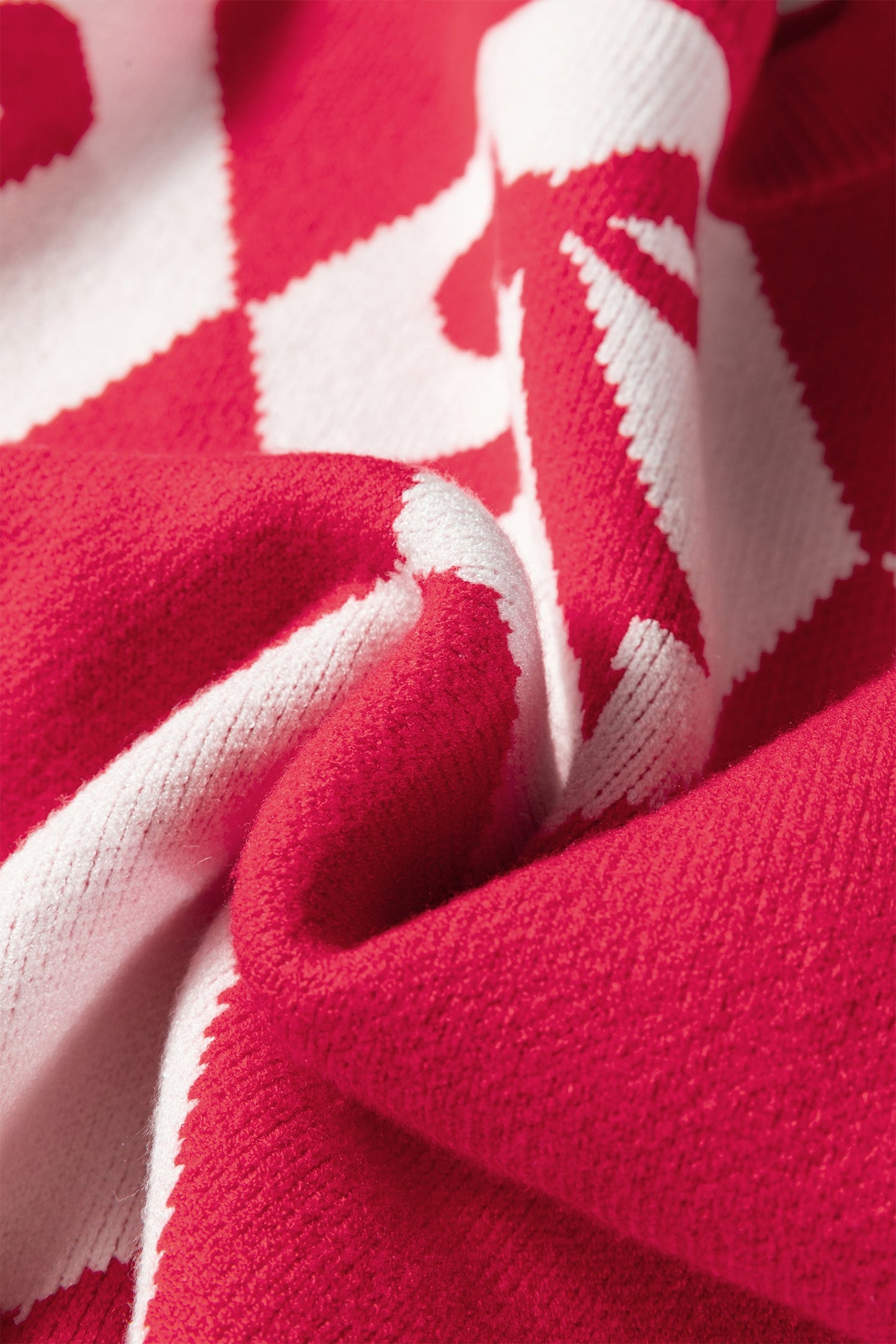 Red Bow Print 2-tone Rhombus Knit Loose Sweater