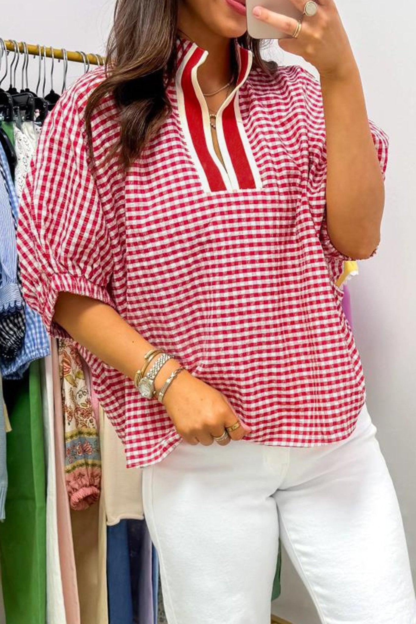 Red Plaid Short Sleeve Colorblock Trim Split Neck Blouse - Loving It Shop