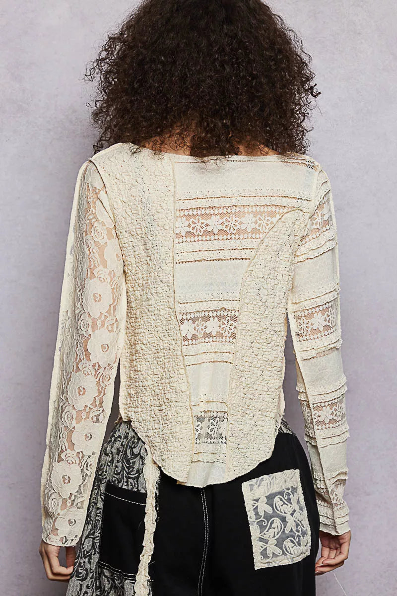 Round Neck Long Sleeve Exposed Seam Top with Lace Detail