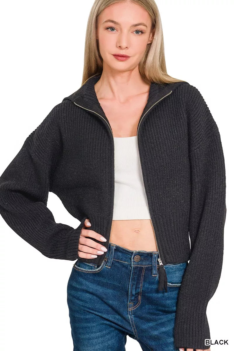 Ribbed Collared Zip Up Sweater Cardigan