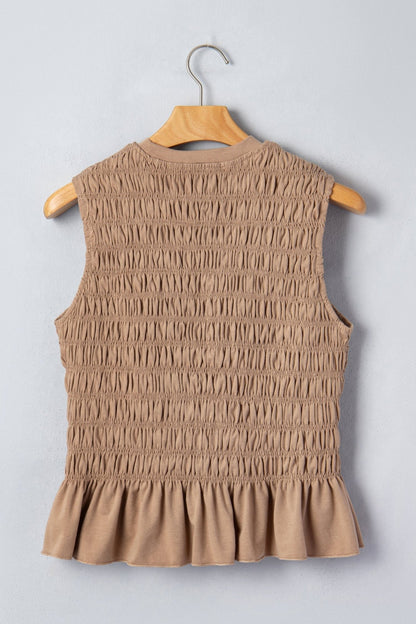Smoke Gray Shirred Slim Fit Ruffle Hem Tank Top - Loving It Shop