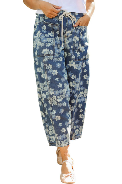 Sky Blue Dainty Floral Printed Drawstring Barrel Jeans