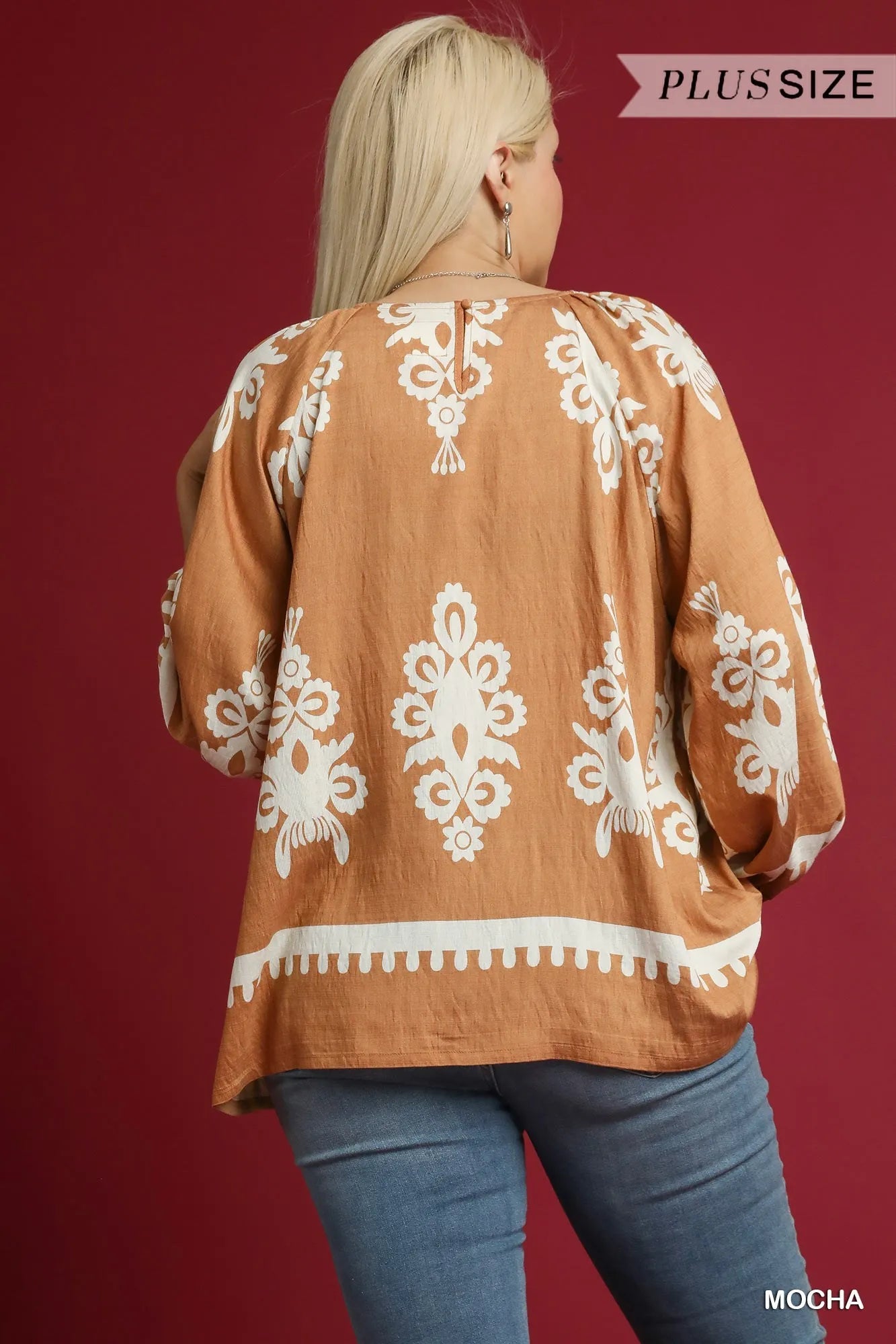 Full Size Two Tone Border Print Top with Balloon Sleeves Plus Size
