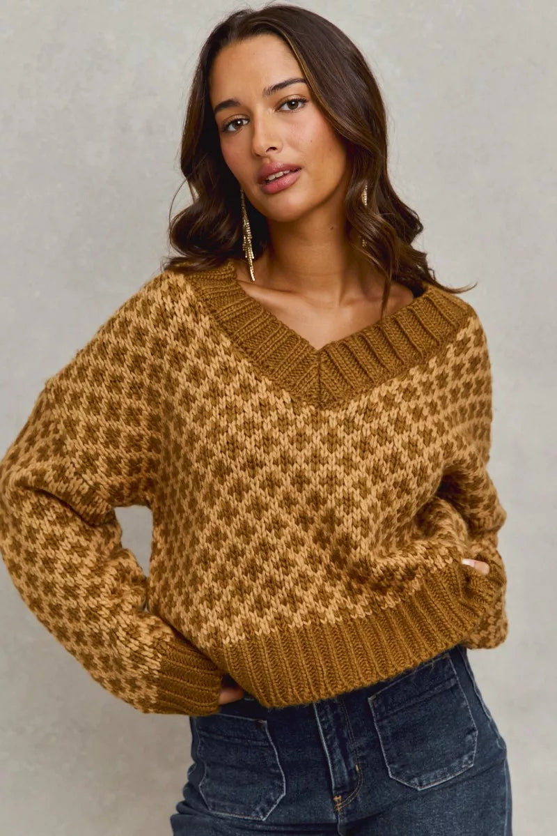 Color Block Textured Christmas Sweater V Neck Top