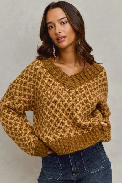 Color Block Textured Christmas Sweater V Neck Top