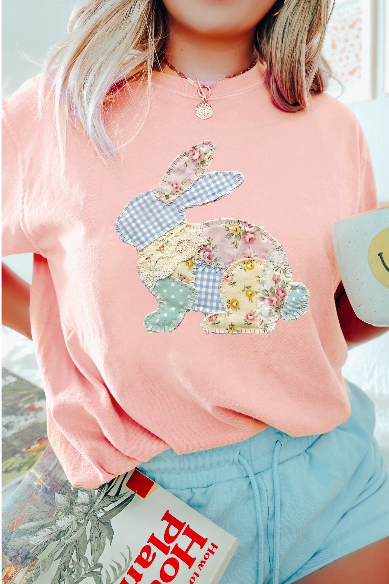 Pink Vibrant Easter Bunny Patchwork Printed T Shirt - Loving It Shop