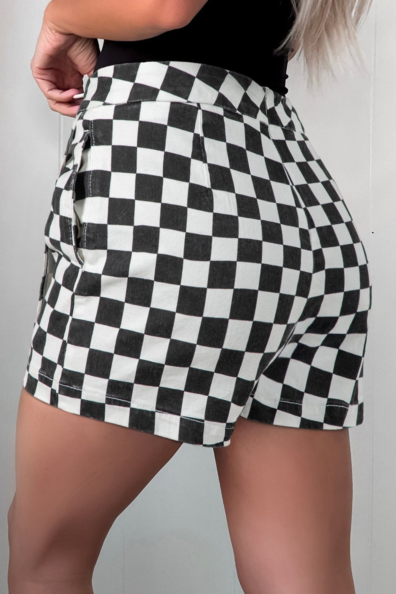 Black Checkered Print Overlap Denim Shorts - Loving It Shop