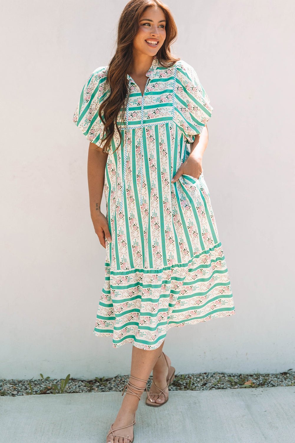 Multicolour Striped Floral Print Tie Split Neck Puff Sleeve Midi Dress - Loving It Shop