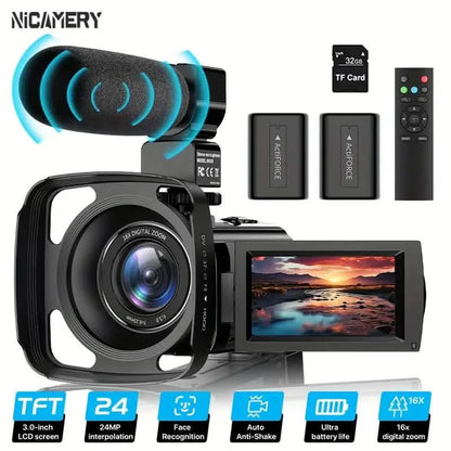 16x Zoom 1080P HD Digital Camera Bundle with 2 Batteries, 32G TF Card, Mic, Hood &amp; Bag