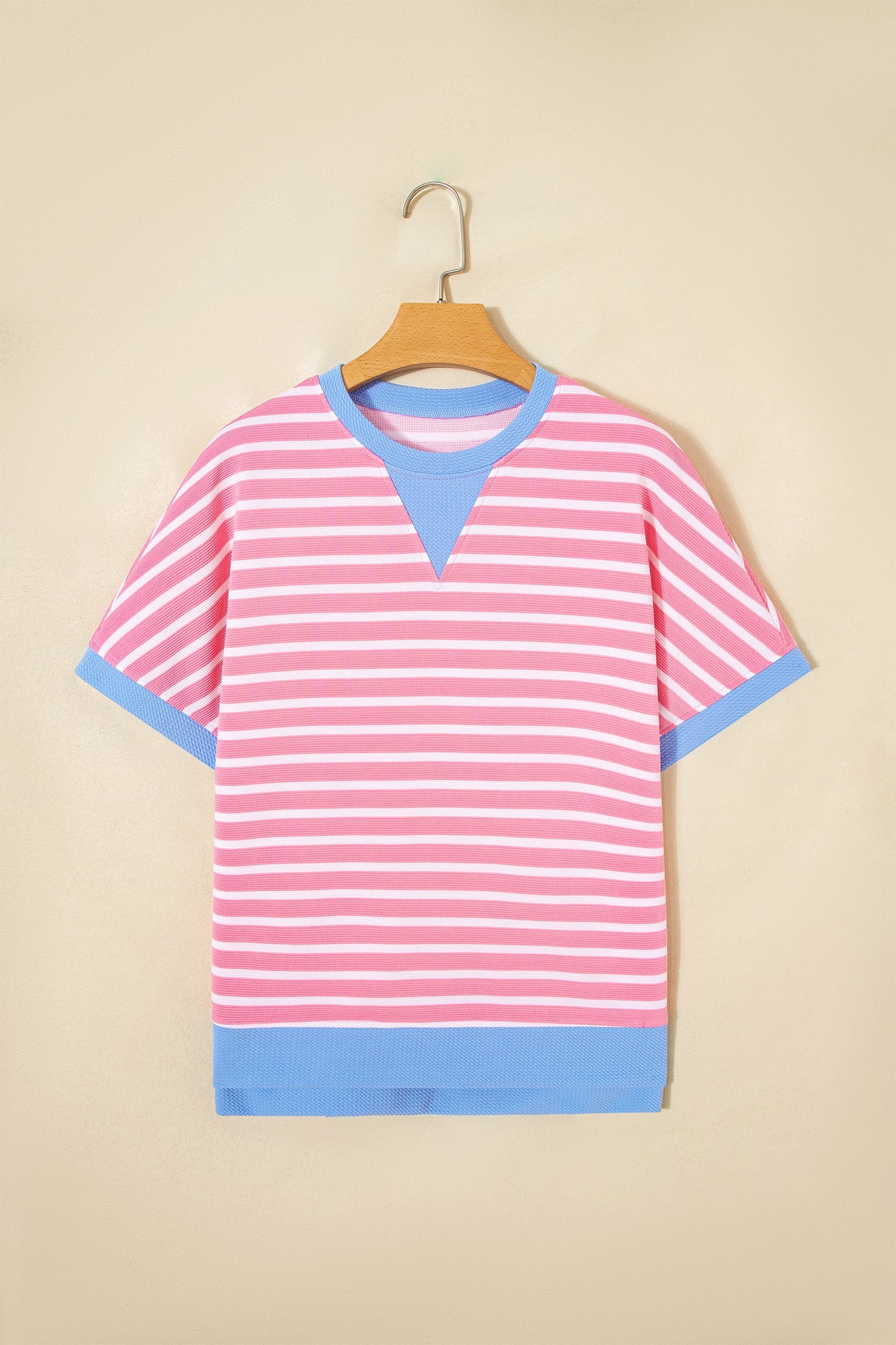 Pink Stripe Contrast Trim Loose Short Sleeve Top