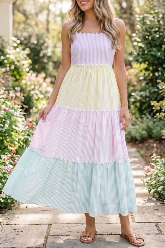 Multicolour Striped Colorblock Adjustable Strap Scalloped Detail Long Dress - Loving It Shop