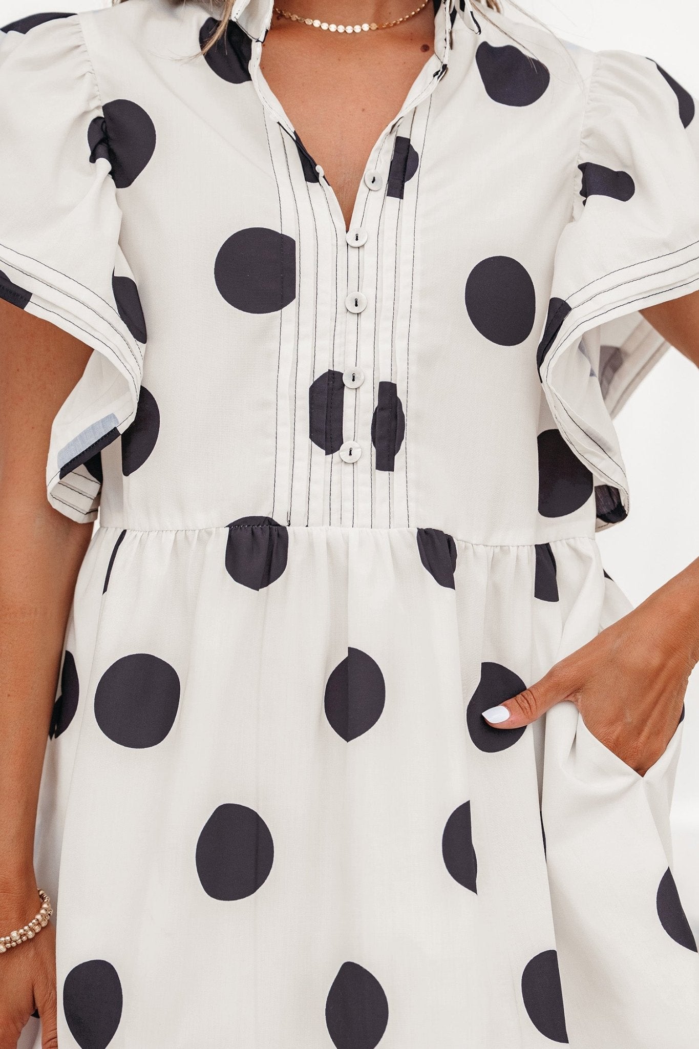 White Polka Dot Print Half Button Ruffled Short Sleeve Loose Mini Dress - Loving It Shop