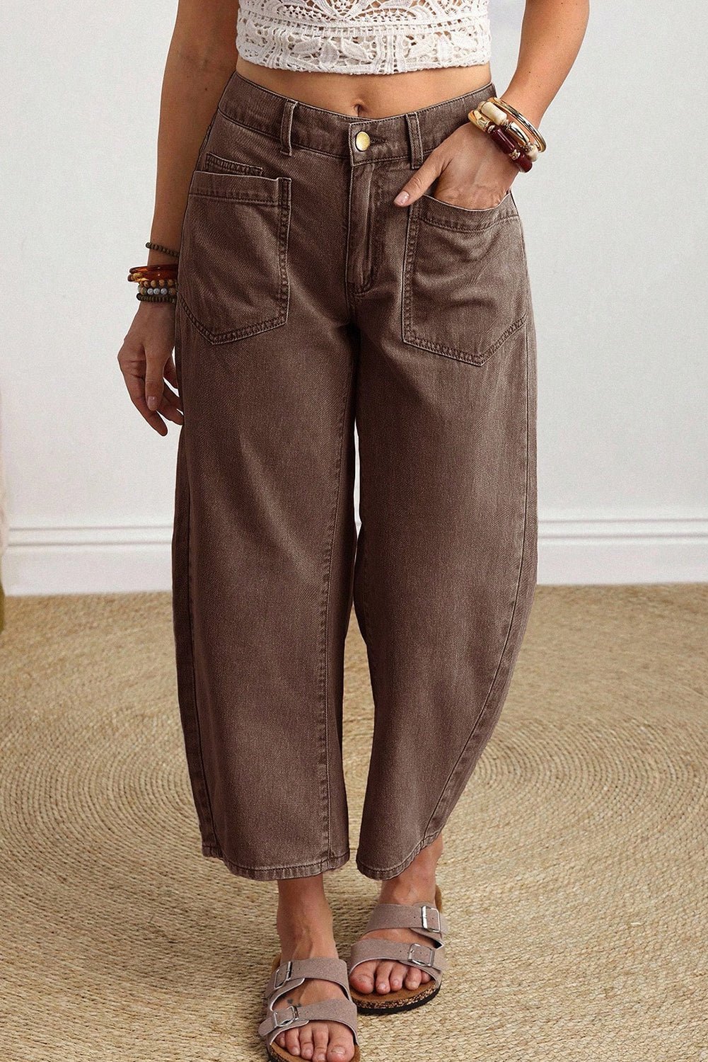 Coffee Solid Color Square Patch Pocket Ankle - length Barrel Jeans - Loving It Shop