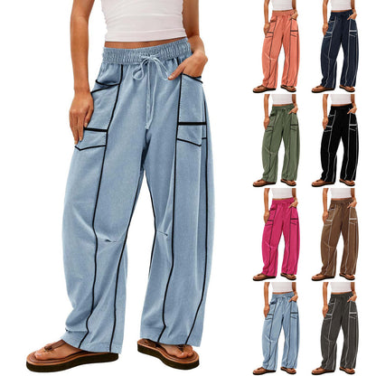 Y2K Black Striped Wide-leg Pants With Pockets Fashion Loose Drawstring Trousers Sports Sweatpants Women&