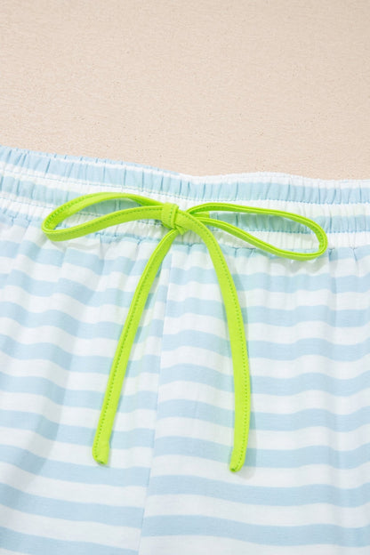 Sky Blue Stripe Contrast Neck Loose Tee and Drawstring Shorts Set - Loving It Shop