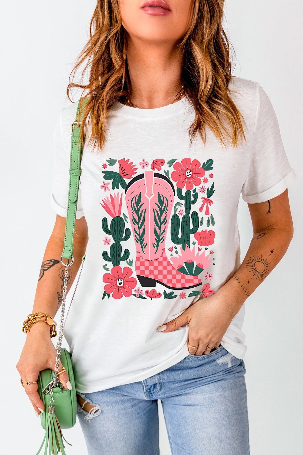 White Western Boots Flower Print Round Neck T Shirt - Loving It Shop