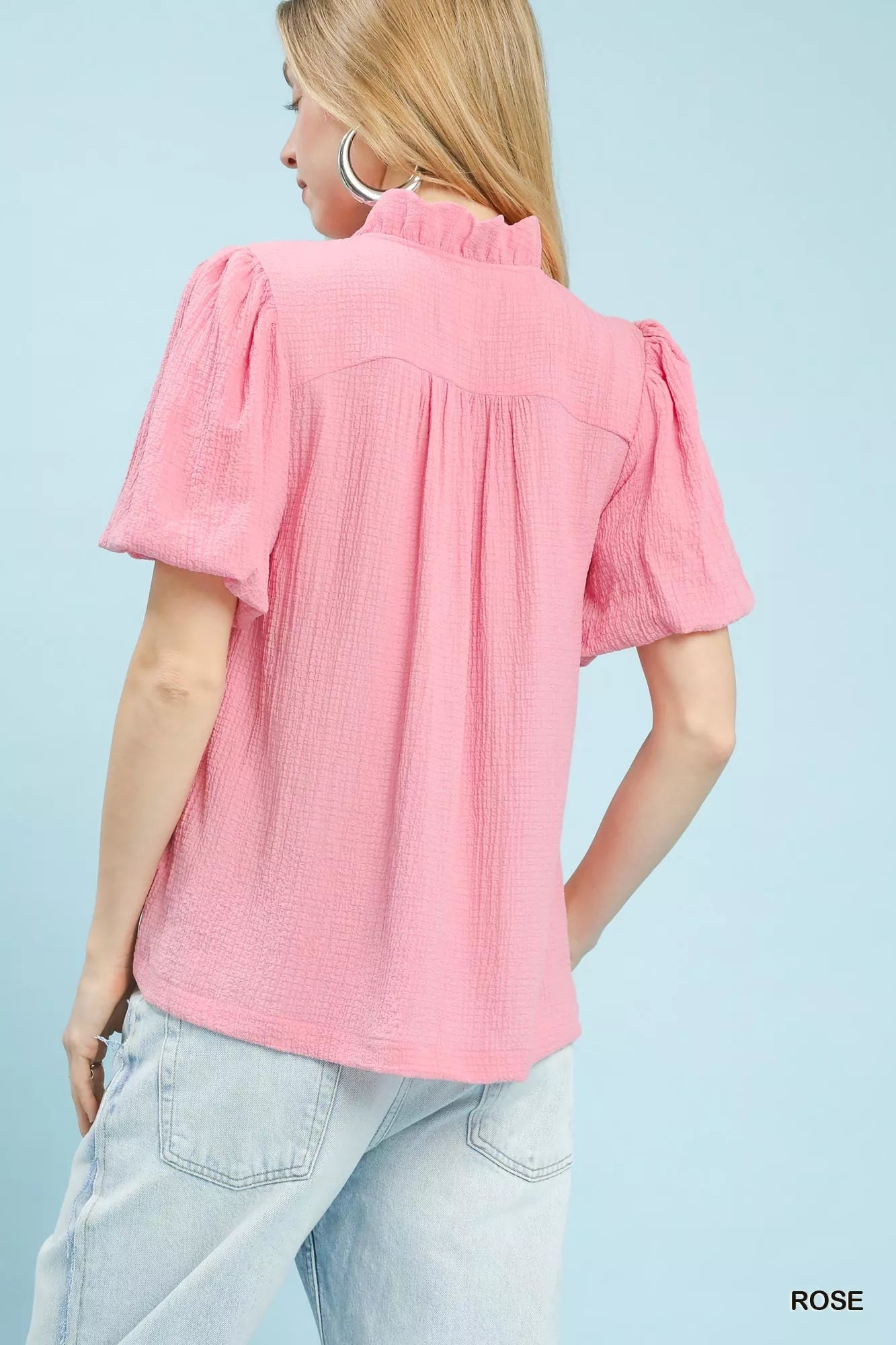 Seersucker Puff Sleeve Blouse