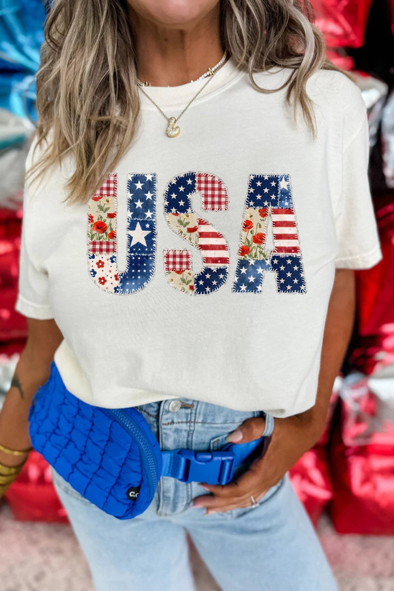 White USA Faux Patchwork Graphic Tee - Loving It Shop